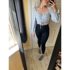 Women's Large Blue and White Paisley Cropped Long Sleeve Top!